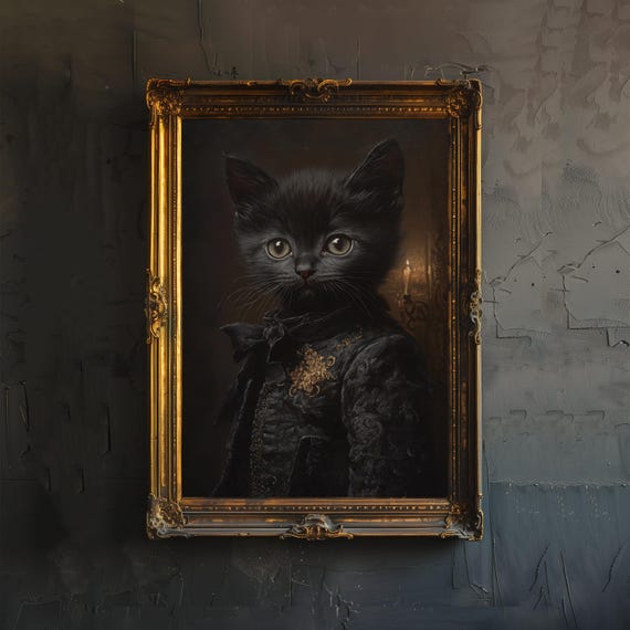 Victorian Kitten Poster Dark Academia Art Whimsical Decor Antique Cat Illustration Vintage Wall Rustic