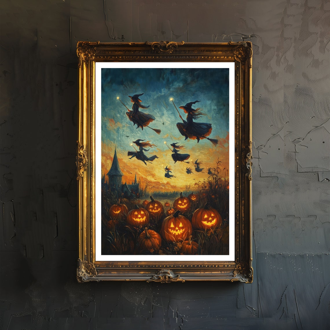 Witches Flying Over A Pumpkin Field Print Dark Academia Art Witchy Decor Gothic Home Antique Halloween Illustration Rustic Vintage