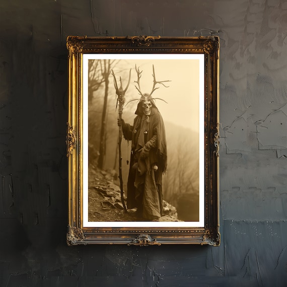 Antlered Skull Spirit In Misty Forest Sepia Dark Fantasy Poster