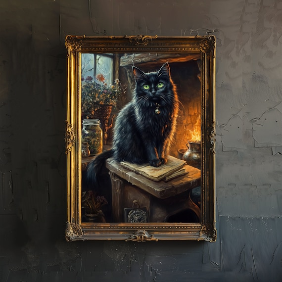 Witchs Cat Poster Dark Academia Art Witchy Decor Gothic Home Antique Illustration Vintage Rustic Wall