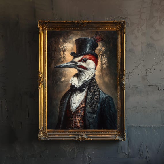 Victorian Woodpecker Poster Dark Academia Art Whimsical Decor Antique Bird Illustration Vintage Wall Rustic