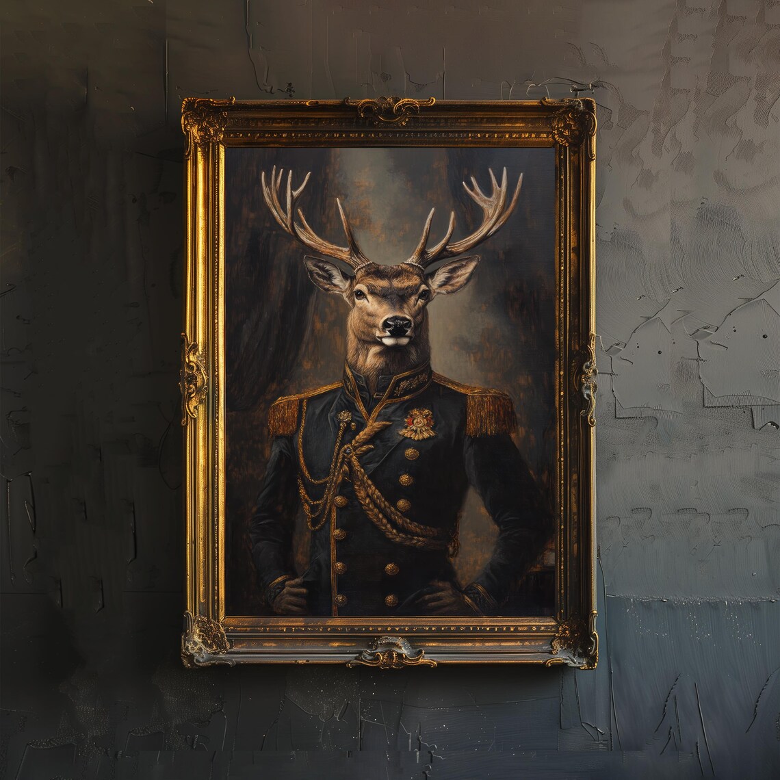 Stag in Military Uniform Officer Portrait Antlered Regal Oil Art Poster