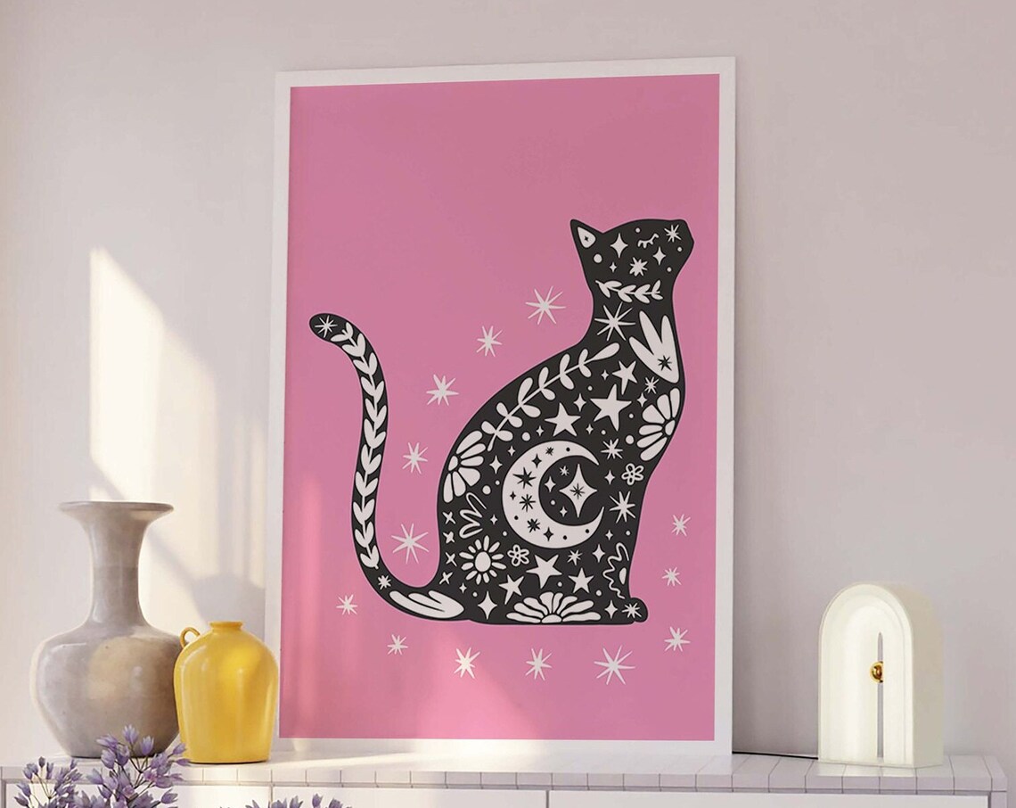 Black Celestial Cat Pink Background Halloween Spooky Cute Poster
