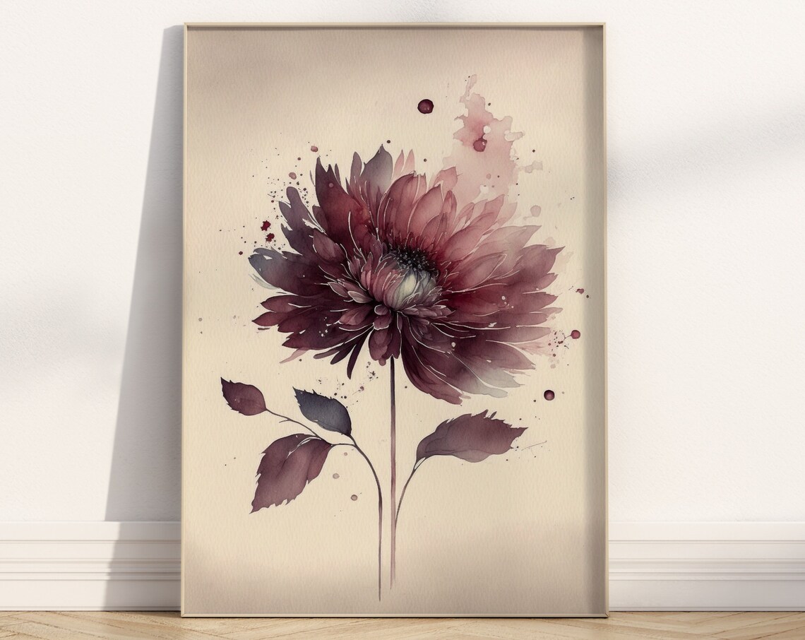Watercolor Burgundy Dahlia Minimal Floral Beige Botanical Poster