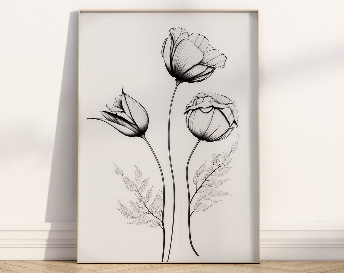 Black And White Poppy Flowers Minimalist Line Drawing Art Poster