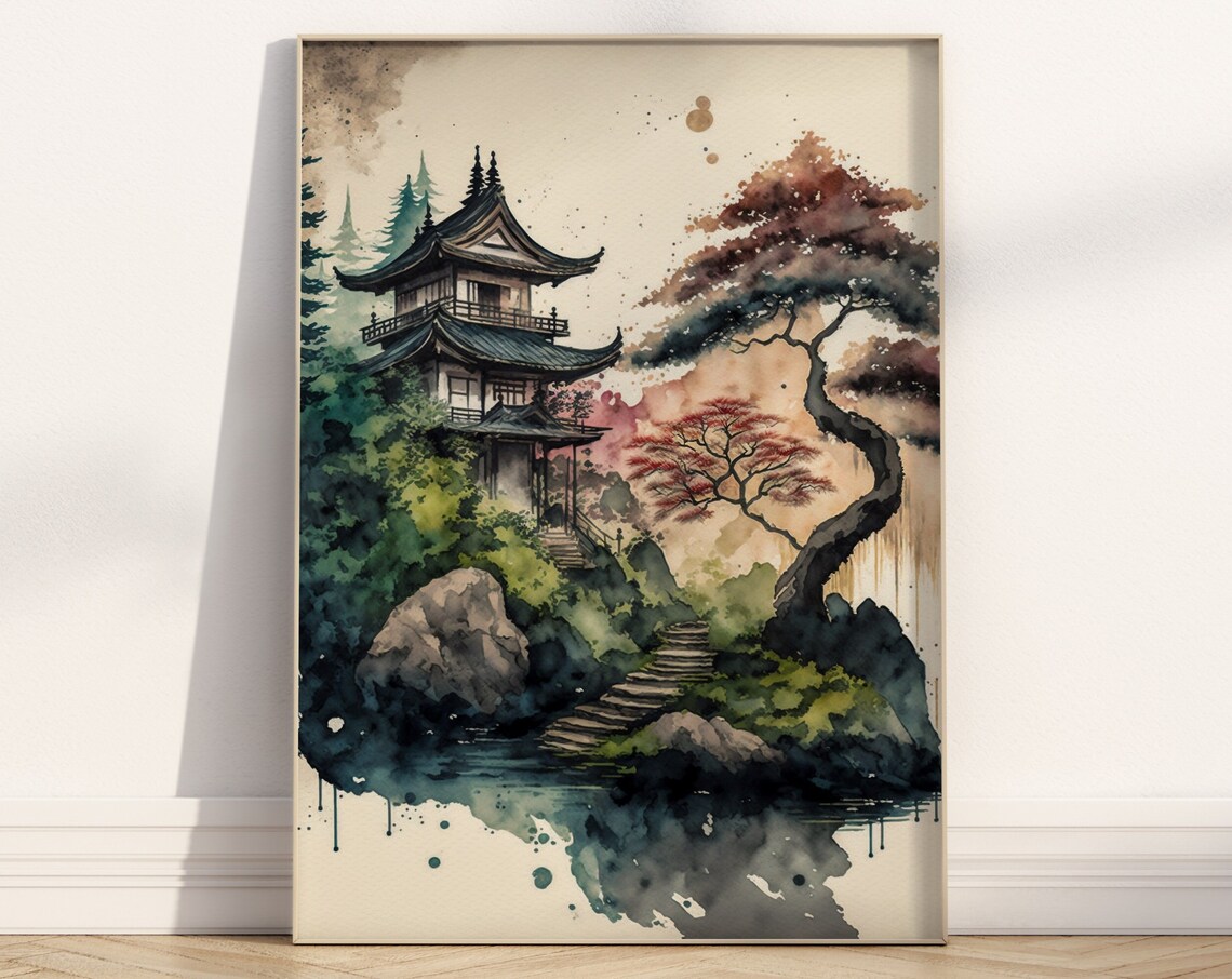 Japanese Pagoda Watercolor Serene Autumn Maple Lake Scene Poster - Image 2