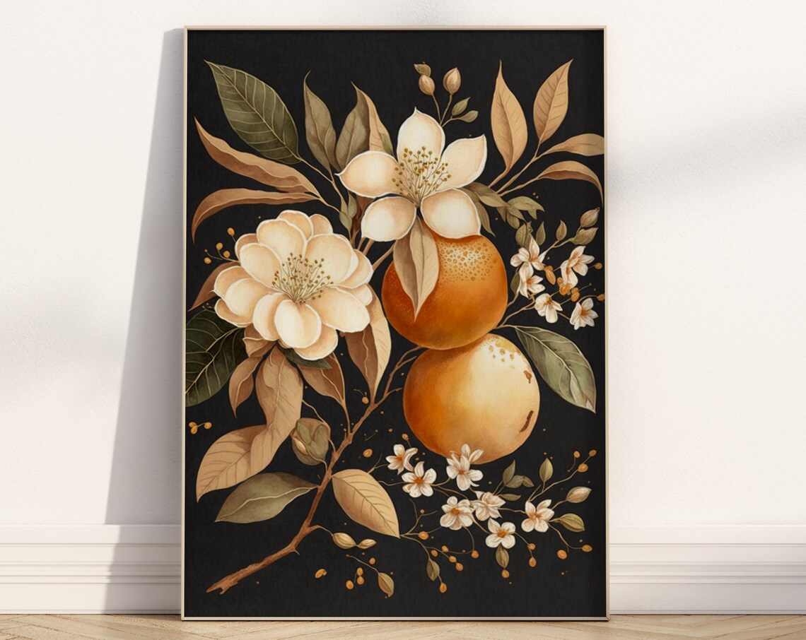 Cream Orange Blossom Botanical on Dark Moody Floral Wall Art
