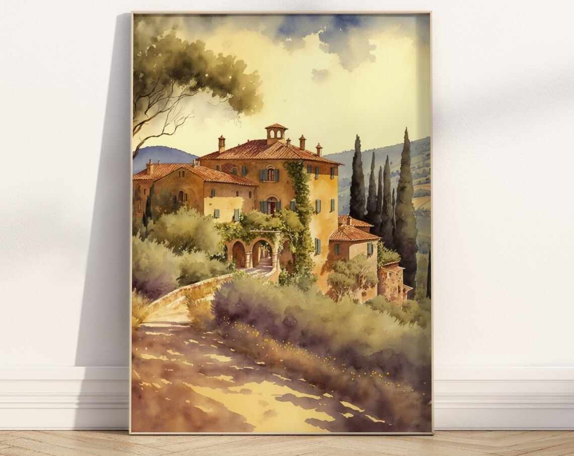 Golden Tuscan Villa Cypress Trees Watercolour Countryside Poster