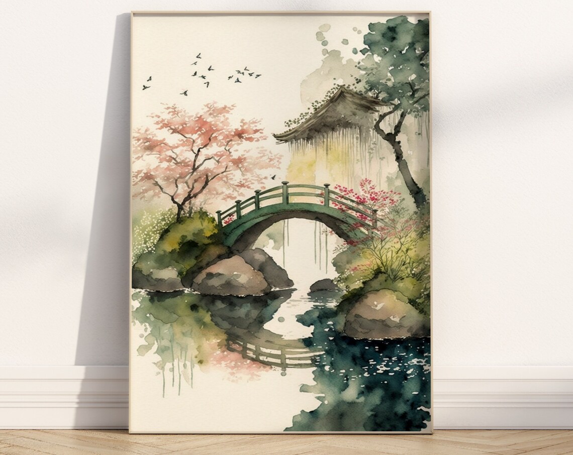 Japanese Garden Bridge Pagoda Cherry Blossom Watercolor Art Print - Image 2