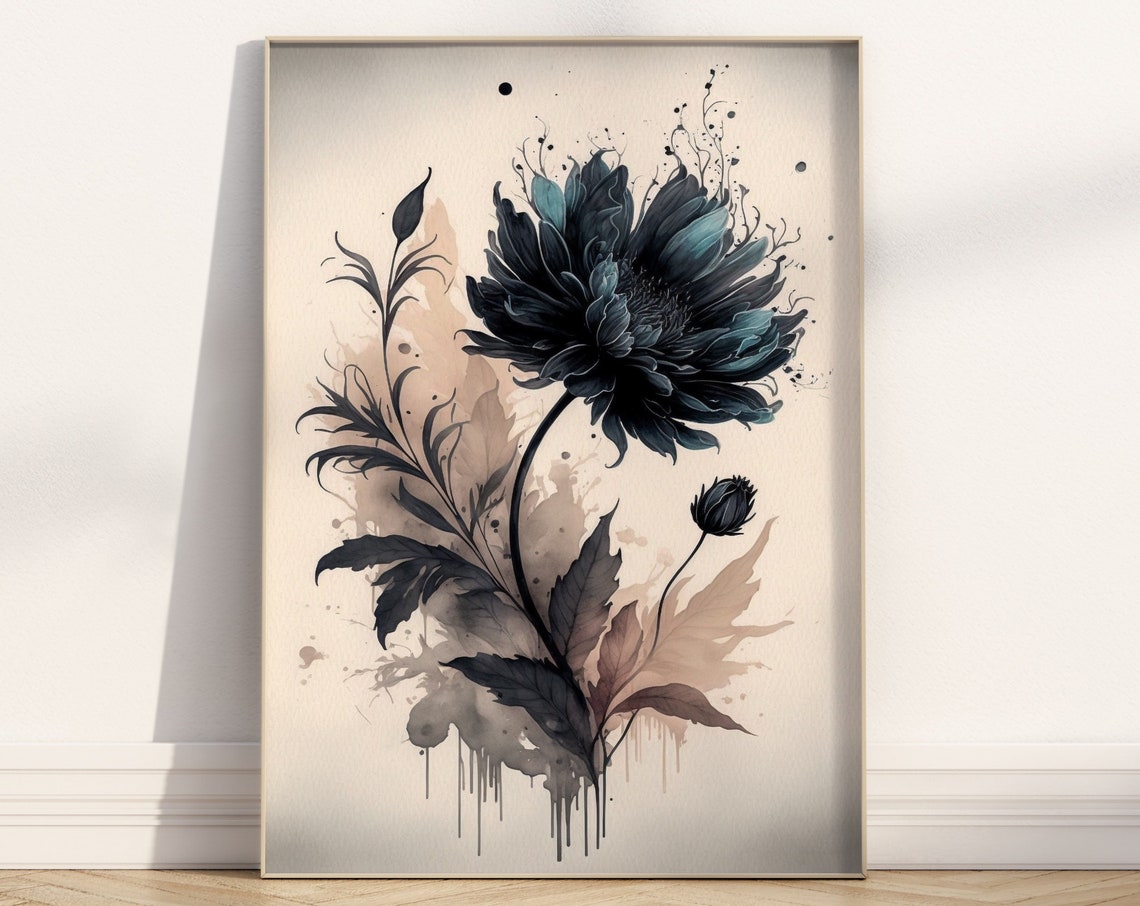 Black Watercolor Flower Dramatic Ink Splatter Moody Art Poster