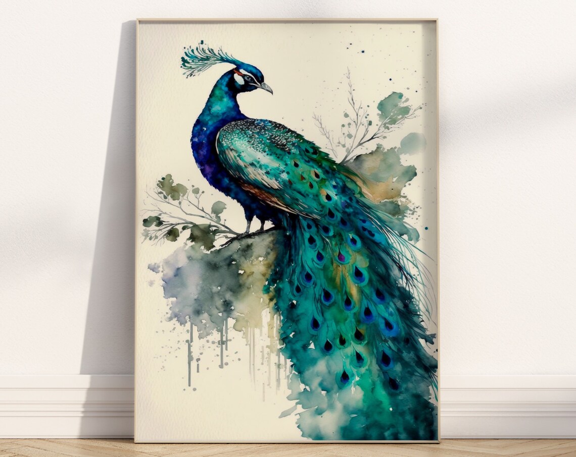Peacock Watercolor Painting Teal Blue Bird Feather Elegant Art Print