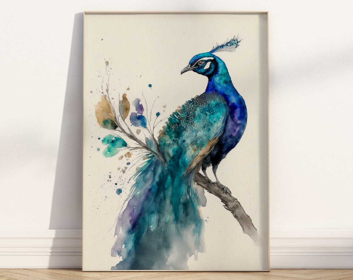 Vivid Teal and Blue Watercolor Peacock Perched Bird Wall Art