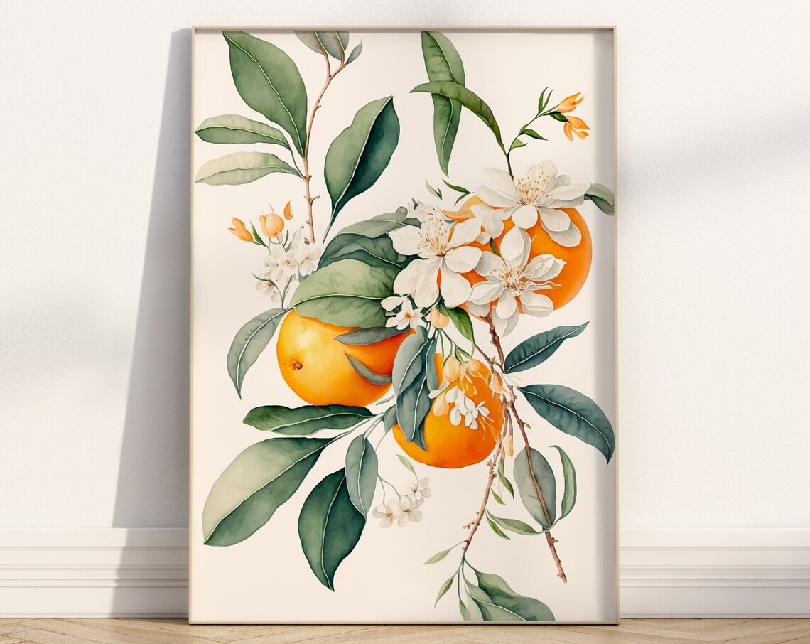 Orange Branch With Blossoms Botanical Watercolor Kitchen Art Poster