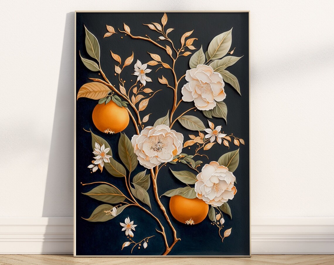 Orange Blossom Dark Botanical Gold Branch Elegant Floral Art Print