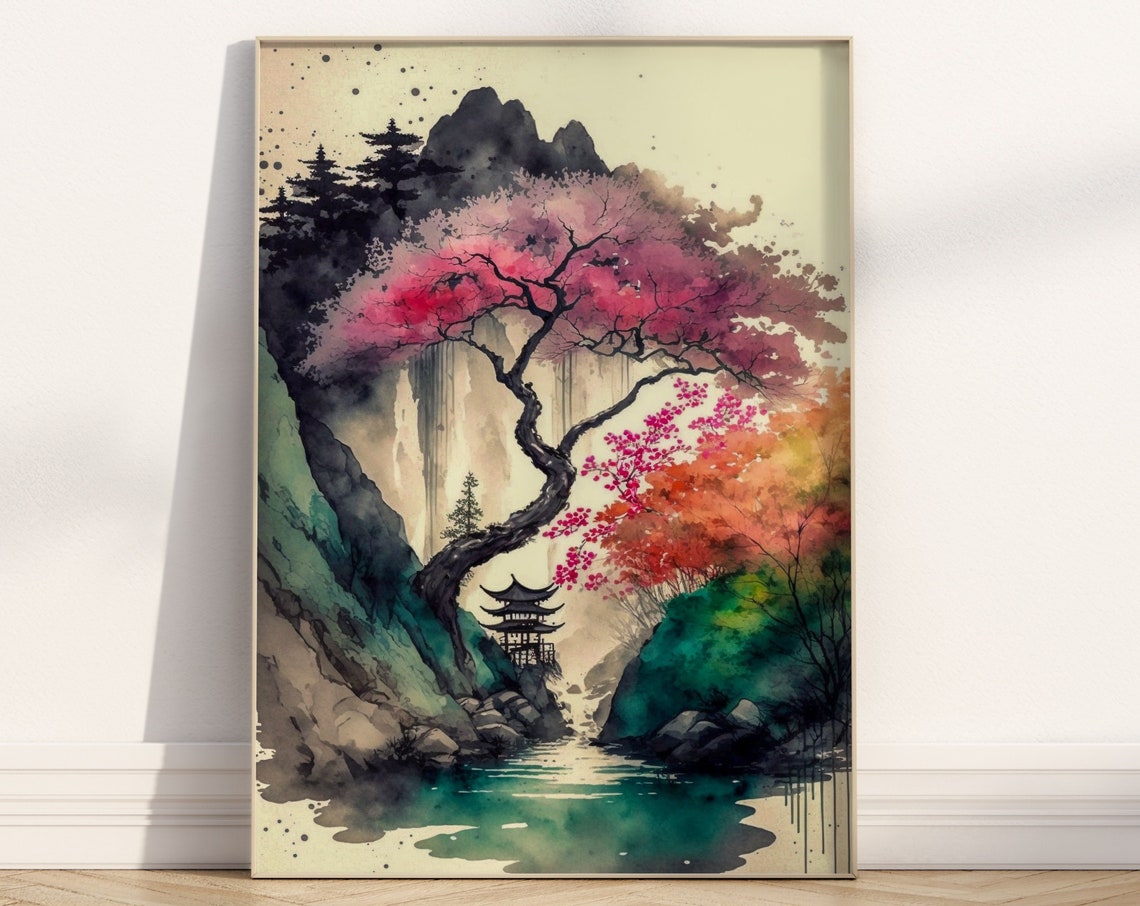 Japanese Cherry Blossom Tree River Pagoda Mountain Scene Poster - Image 2