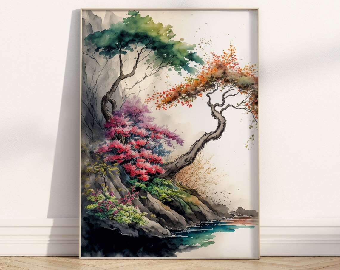 Japanese Cherry Blossom Cliff Trees Ink Wash Watercolor Art Poster - Image 3