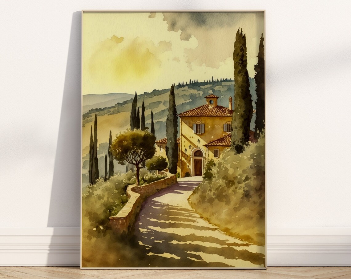 Tuscan Villa Cypress Path Golden Watercolor Italy Landscape Poster