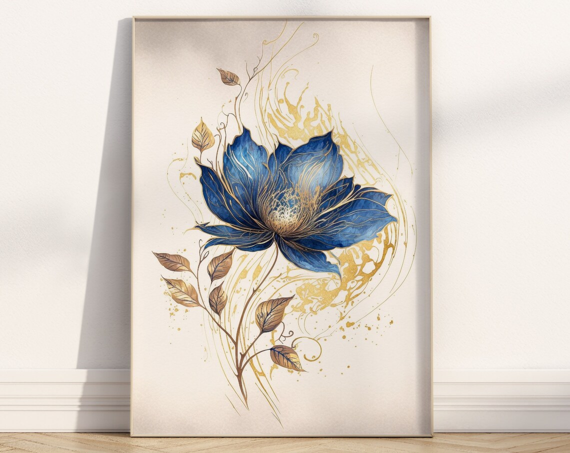 Deep Blue Bloom With Golden Leaves Elegant Watercolor Art Poster