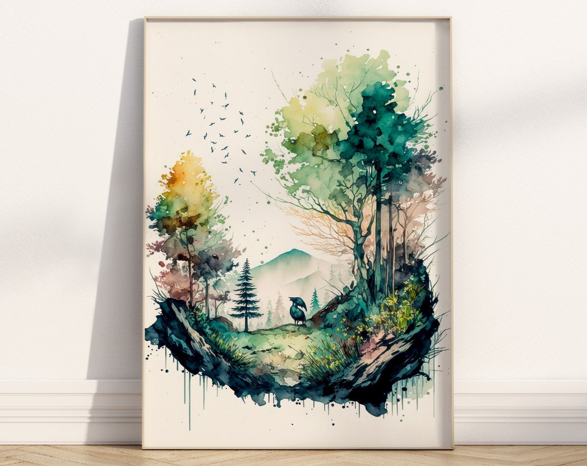 Circular Woodland Scene Misty Mountains Bird Wildlife Art Poster - Image 2