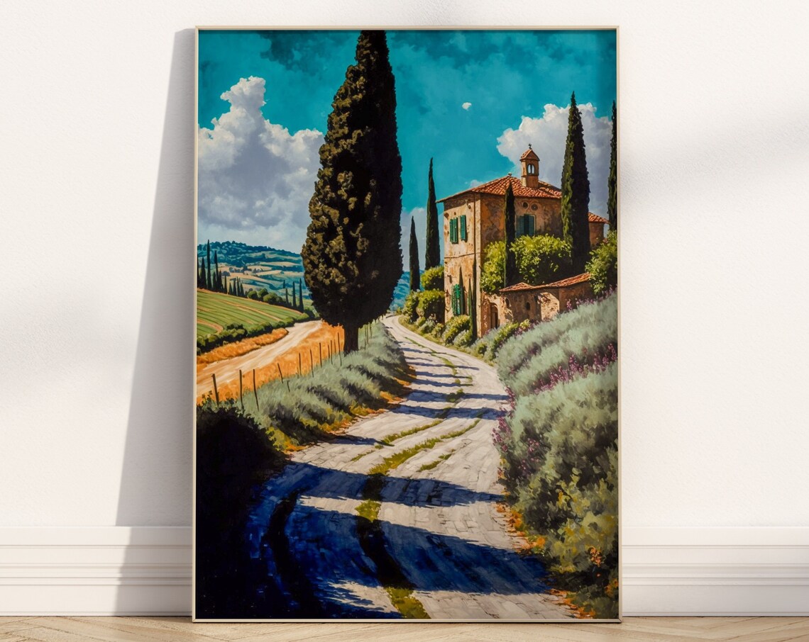 Tuscan Villa Cypress Lined Road Teal Sky Italian Countryside Poster