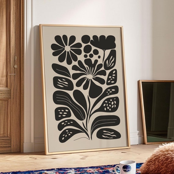 Beige Black Flower Print Moody Abstract Flower Wall Decor Retro Living Room Decor Botanical Poster Matisse Wall Art