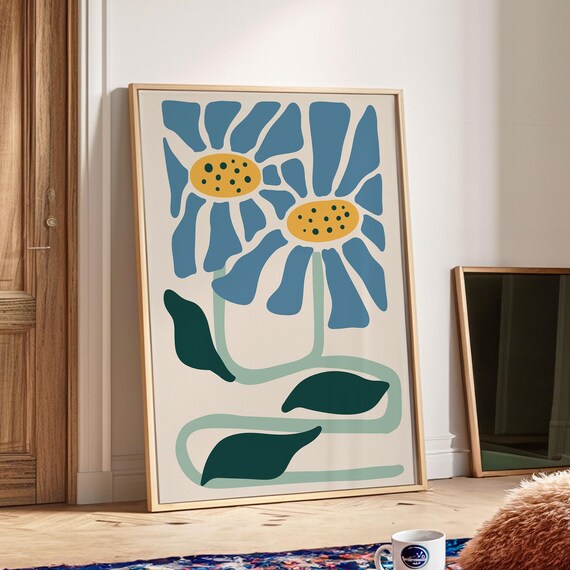 Blue Groovy Flower Print Maximalist Flower Wall Decor Living Room Decor Botanical Poster Matisse Wall Art