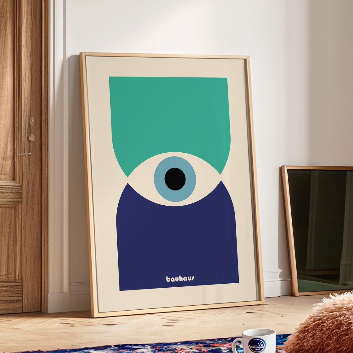 Bauhaus Single Eye Abstract Poster Teal and Navy with Blue Iris Art