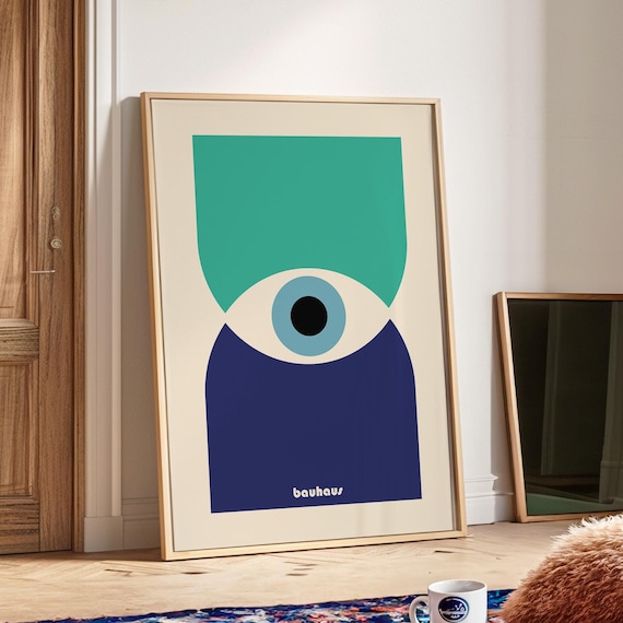 Bauhaus Printable Geometric Eye Poster Minimalist Trendy Print Mid Century Modern Living Room Wall Art Blue Bauhaus