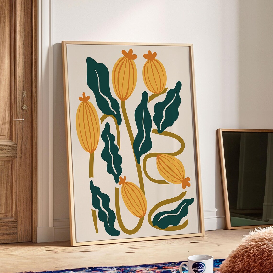 Matisse Style Golden Buds and Dark Teal Leaves Botanical Poster