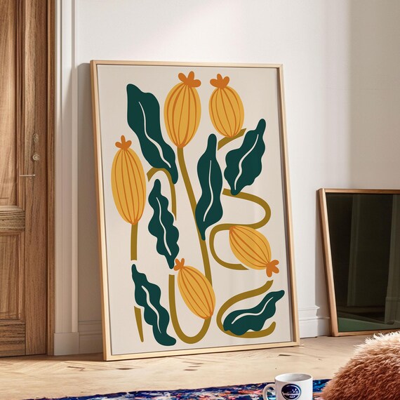 Groovy Flower Print Burnt Orange Maximalist Flower Wall Decor Living Room Decor Botanical Poster Matisse Wall Art