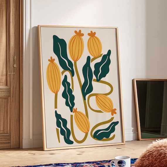 Matisse Style Golden Buds and Dark Teal Leaves Botanical Poster