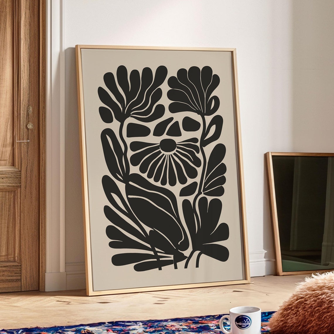 Beige Black Daisy Stems Abstract Botanical Retro Flower Poster
