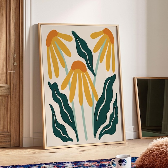 Drooping Daisy Botanical Poster with Mustard Blooms and Teal Leaves