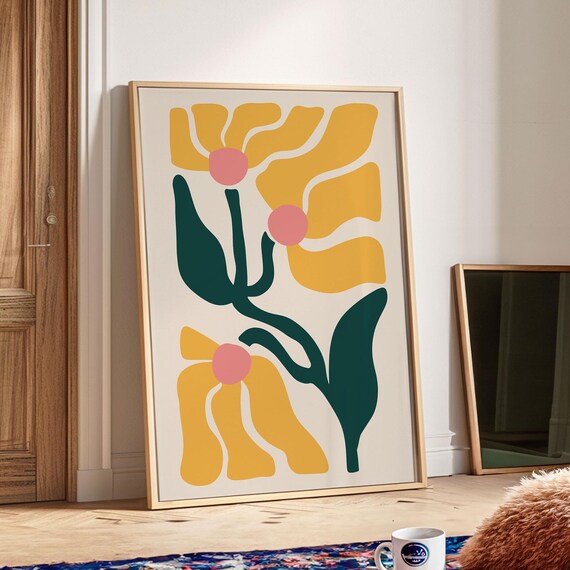 Matisse Style Yellow Daisy Pink Center Abstract Flower Poster