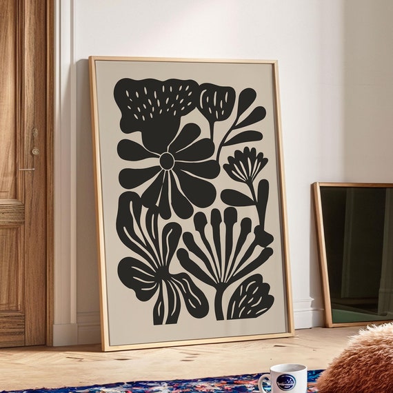 Beige Black Flower Print Moody Abstract Flower Wall Decor Retro Living Room Decor Botanical Poster Matisse Wall Art