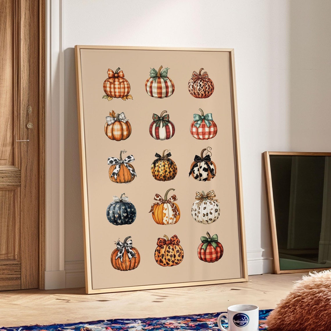 Patterned Pumpkin Grid Fall Farmhouse Decor Autumn Watercolor Poster