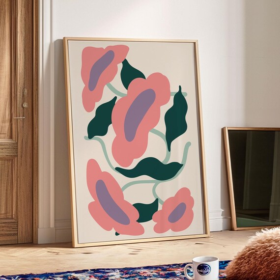 Pink Groovy Flower Print Maximalist Flower Wall Decor Living Room Decor Botanical Poster Matisse Wall Art