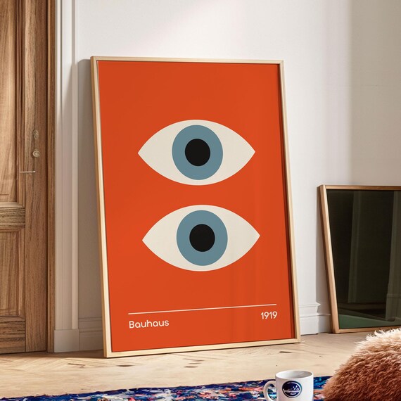 Bauhaus Eyes Geometric Printable Poster Minimalist Trendy Print Mid Century Modern Living Room Wall Art Orange Bauhaus