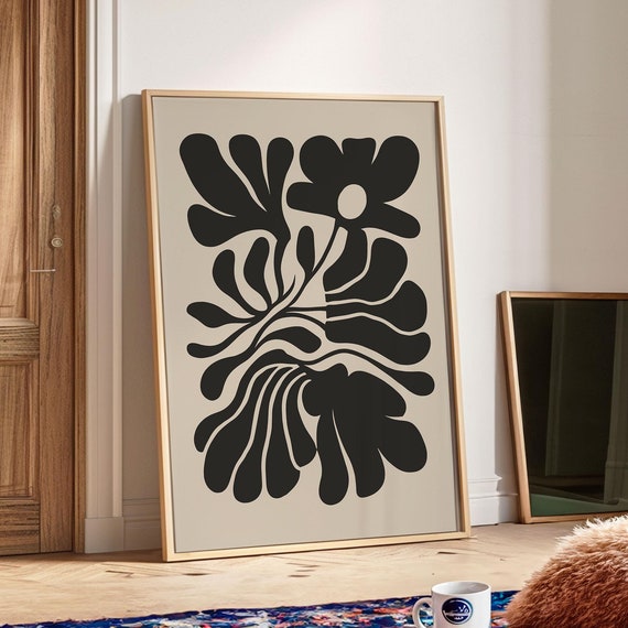 Beige Black Flower Print Moody Abstract Flower Wall Decor Retro Living Room Decor Botanical Poster Matisse Wall Art