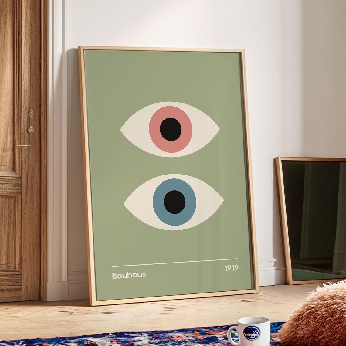 Bauhaus 1919 Double Eye Poster Sage Green with Rose and Blue Iris