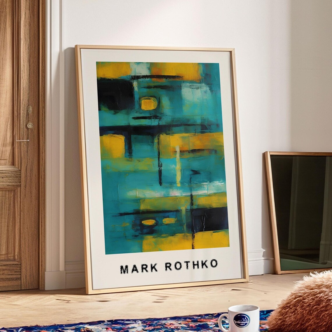 Mark Rothko Style Teal and Yellow Mid Century Abstract Poster