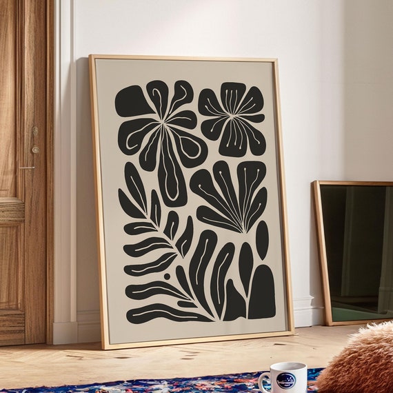 Beige Black Flower Print Moody Abstract Flower Wall Decor Retro Living Room Decor Botanical Poster Matisse Wall Art