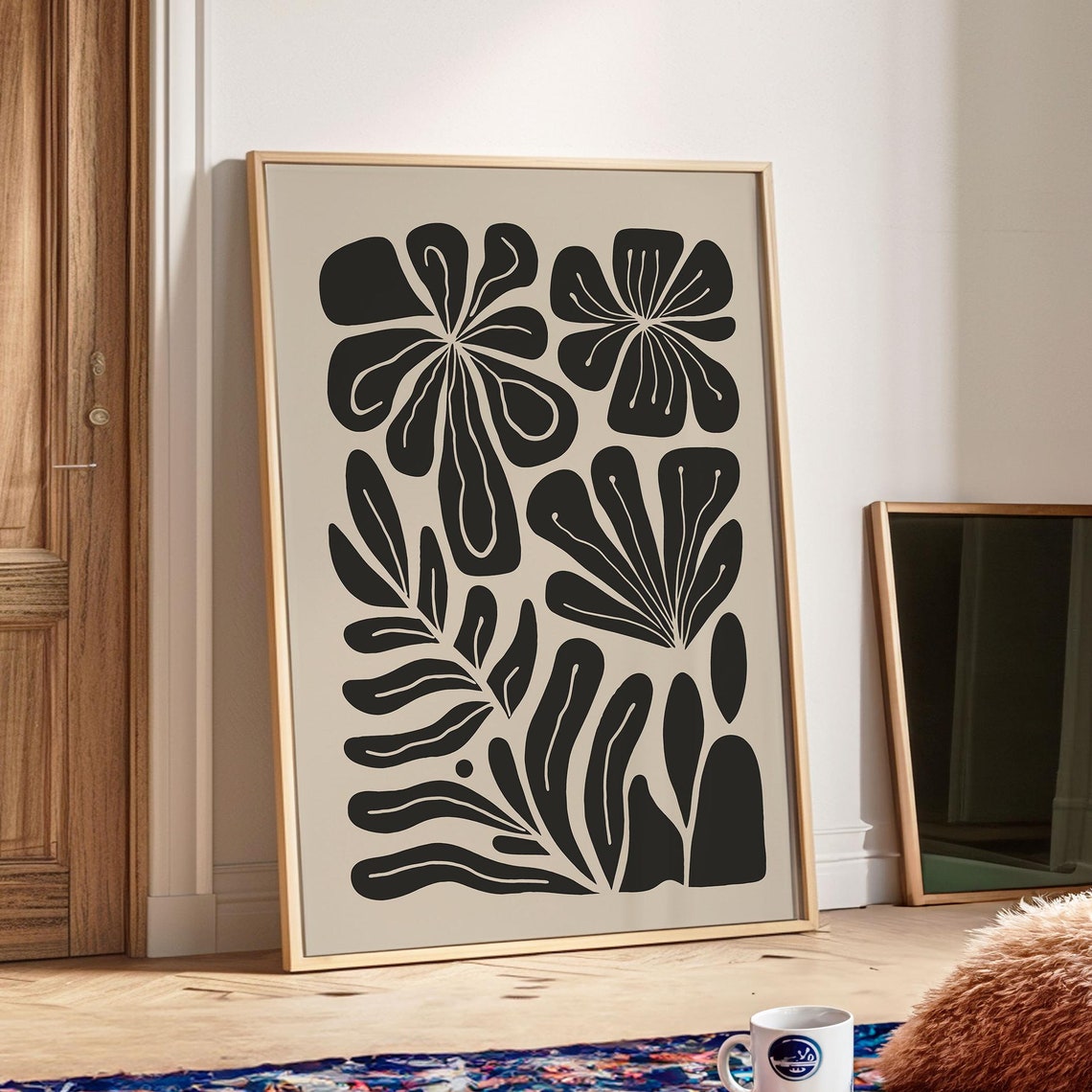 Beige Black Twin Bloom Abstract Botanical Retro Flower Poster