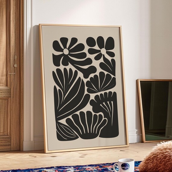 Beige Black Rounded Bloom Abstract Floral Botanical Art Poster