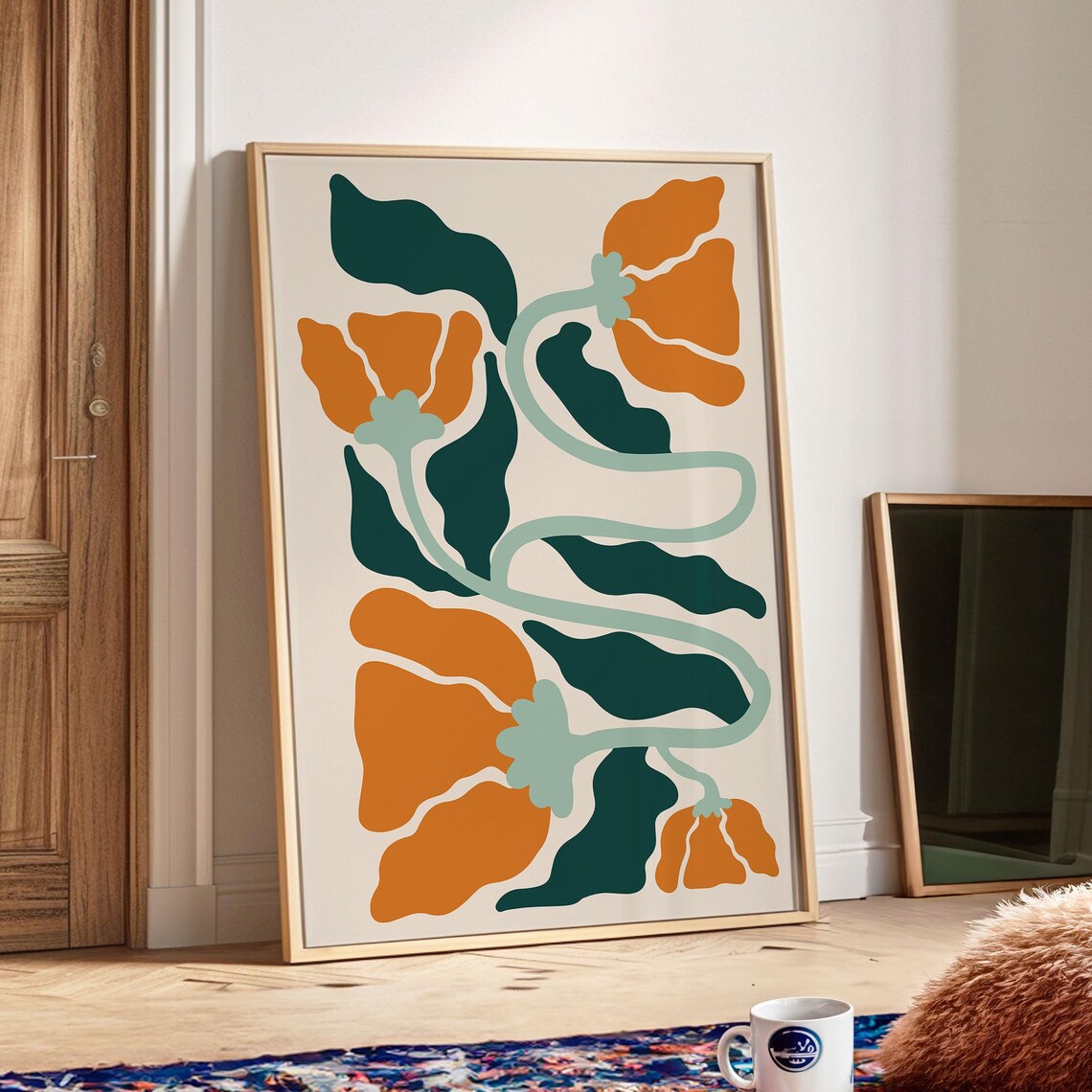 Orange Poppy Botanical Poster with Mint Stems and Teal Foliage