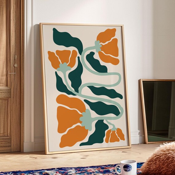 Groovy Flower Print Orange Maximalist Flower Wall Decor Retro Living Room Decor Botanical Poster Matisse Wall Art
