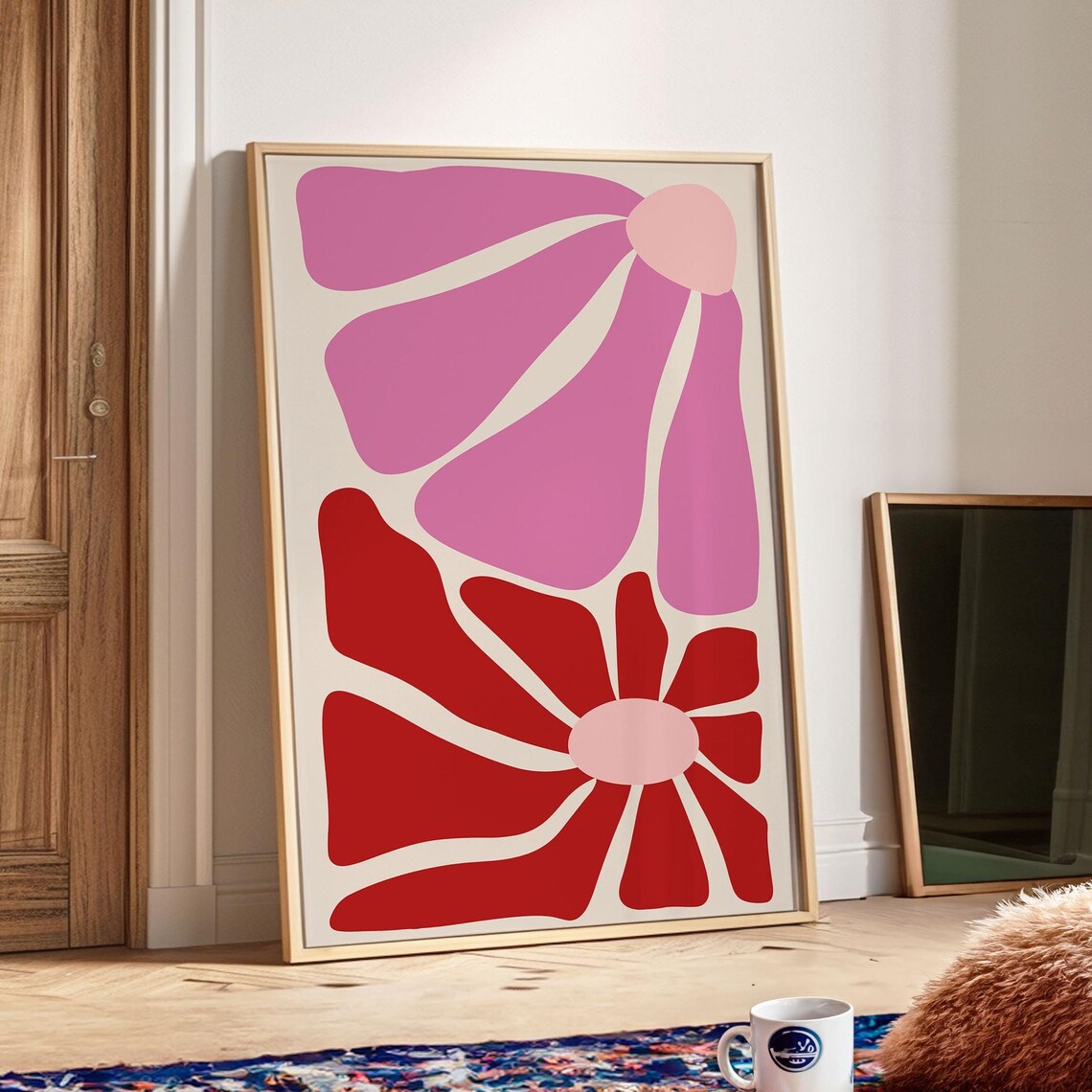 Pink and Red Groovy Flower Abstract Poster Retro Pop Art Style