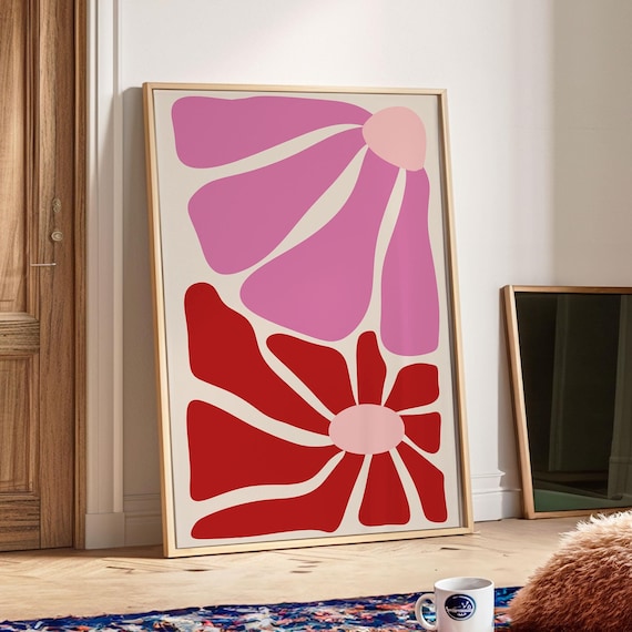 Pink and Red Groovy Flower Abstract Poster Retro Pop Art Style