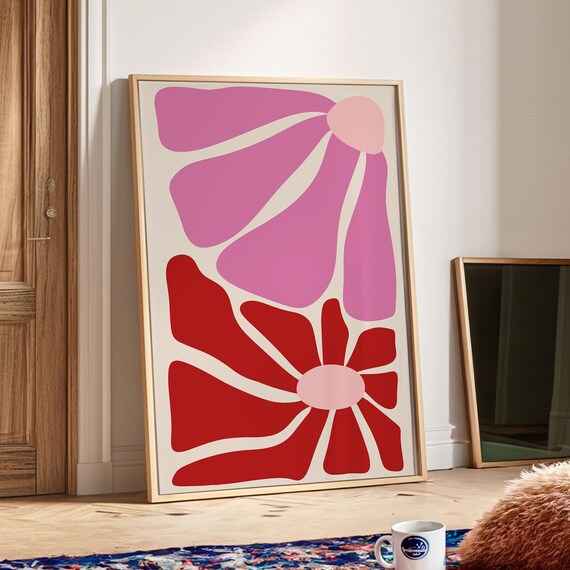 Redpink Groovy Flower Print Maximalist Flower Wall Decor Retro Living Room Decor Botanical Poster Matisse Wall Art