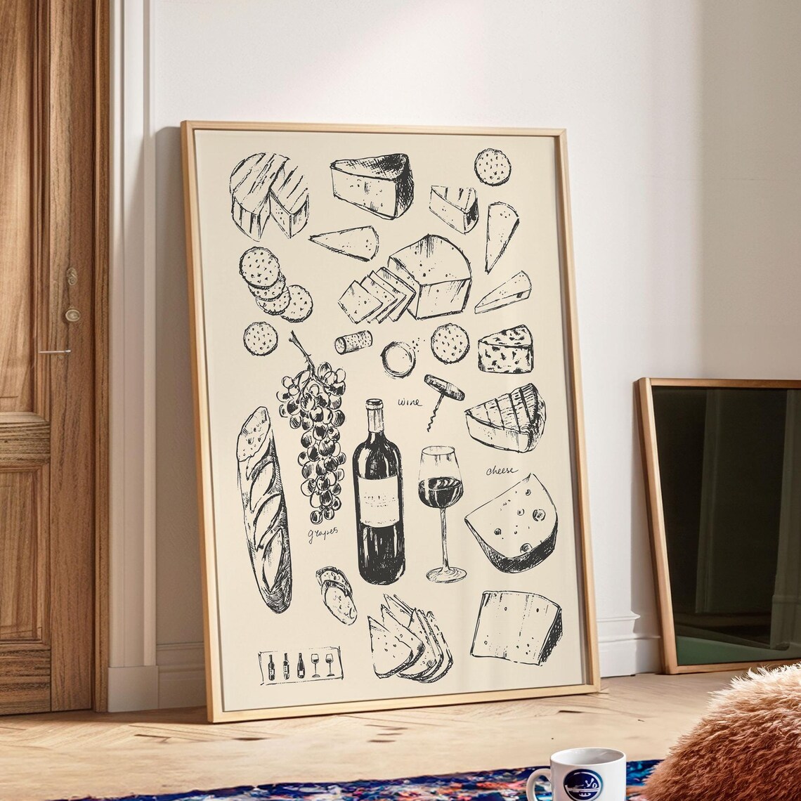 Wine And Cheese Kitchen Art Print, French Kitchen Decor